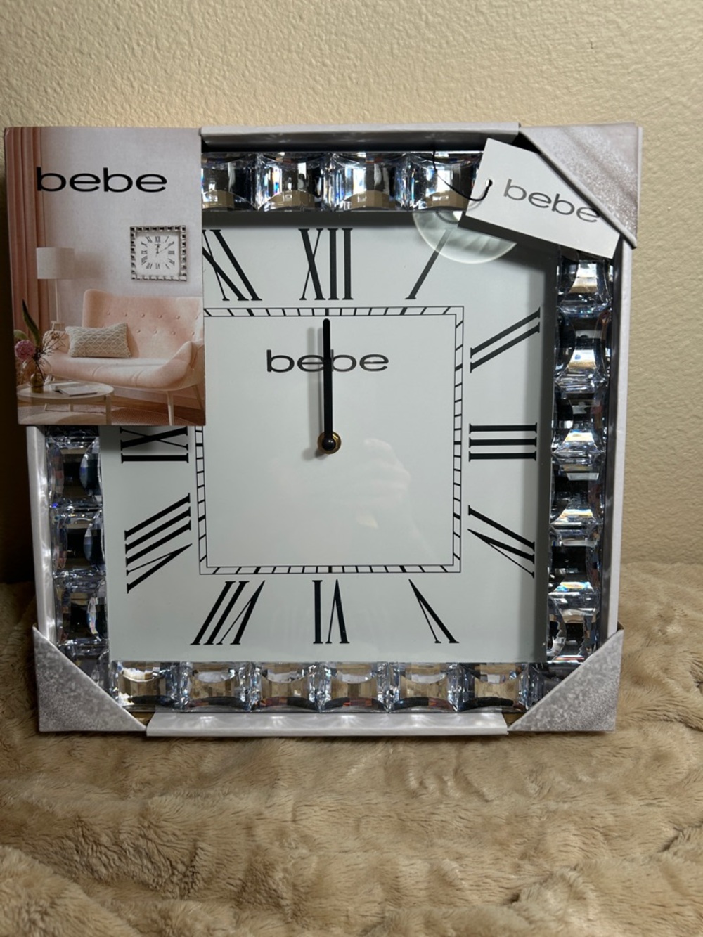 bebe Crystal Accent Wall Clock 12” Square Roman Numerals Glam Decor NWT